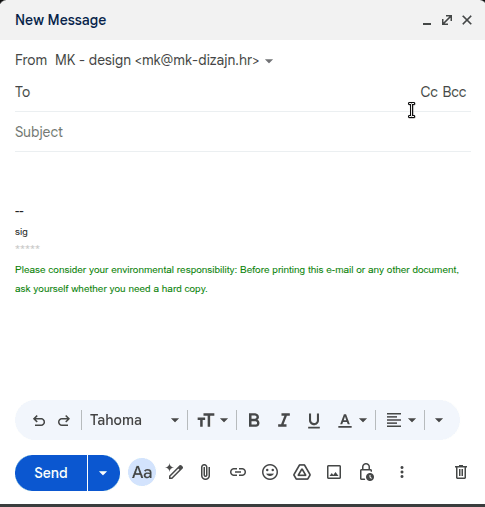Sending from a domain alias (e.g. mk@mk-dizajn.hr) in your email client.